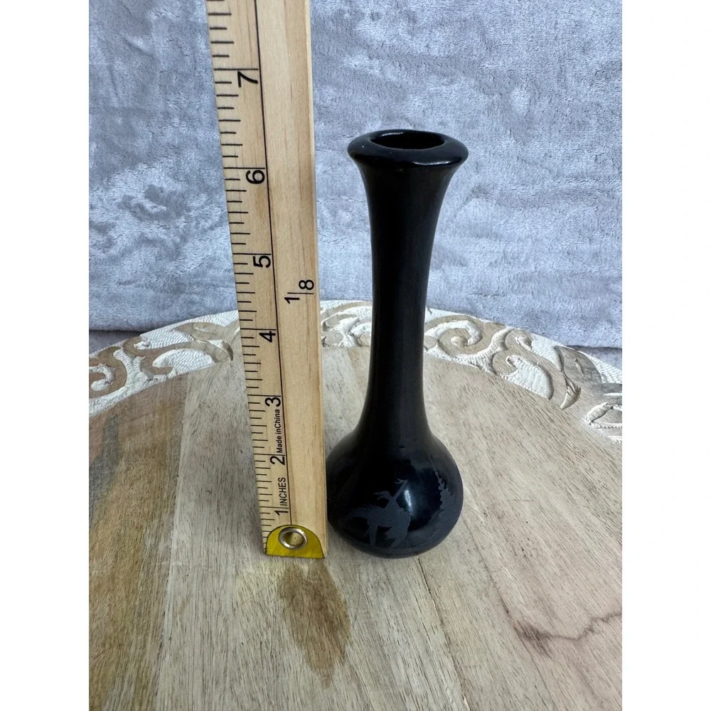 Southwestern‎ Black Etched Pottery Bud Vase Kokopelli Desert Bird 6.5 Inch